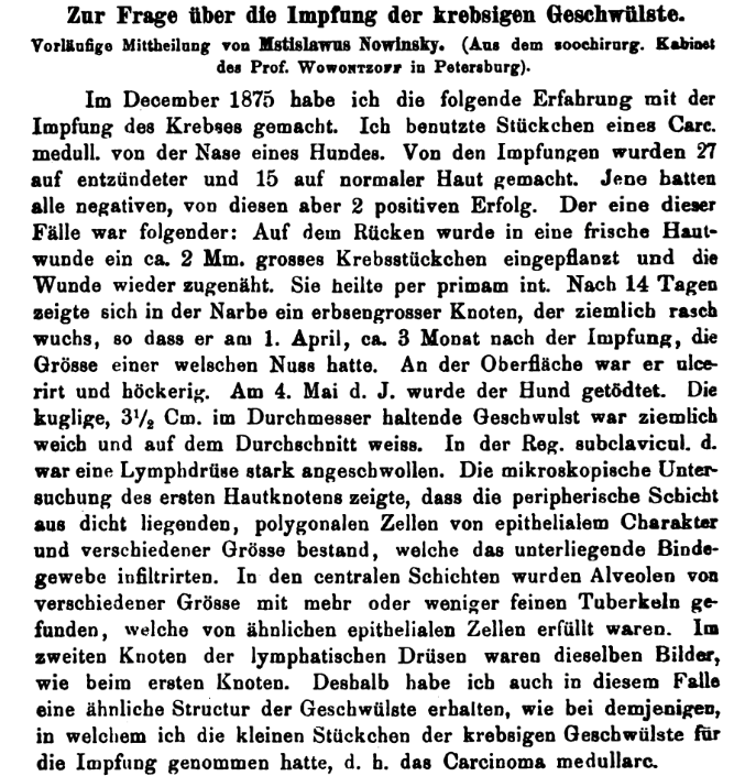 Novinsky, M. A. Zur Frage über die Impfung der krebsigen Geschwülste. Centralblatt für die medicinischen Wissenschaften. 1876; 14: 790–
