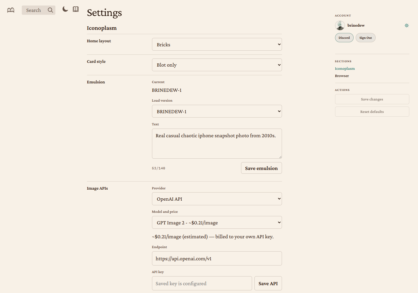 Brinedew.bio user settings