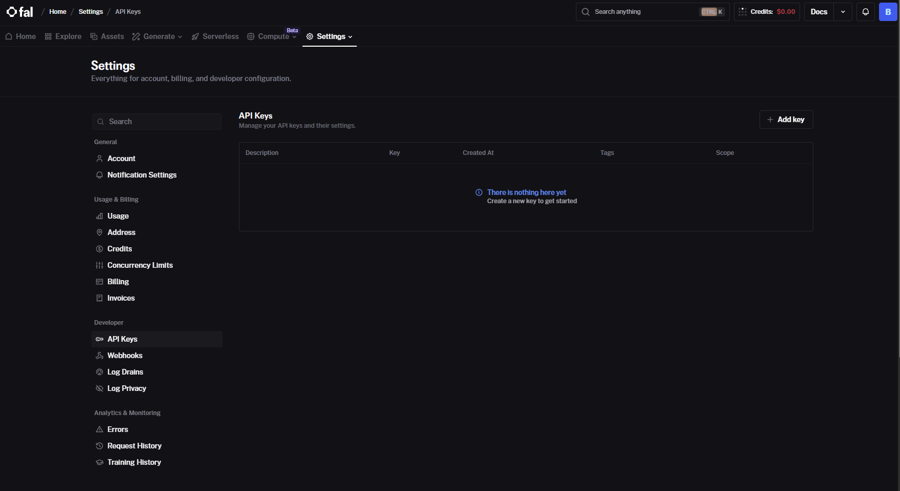 fal dashboard keys page