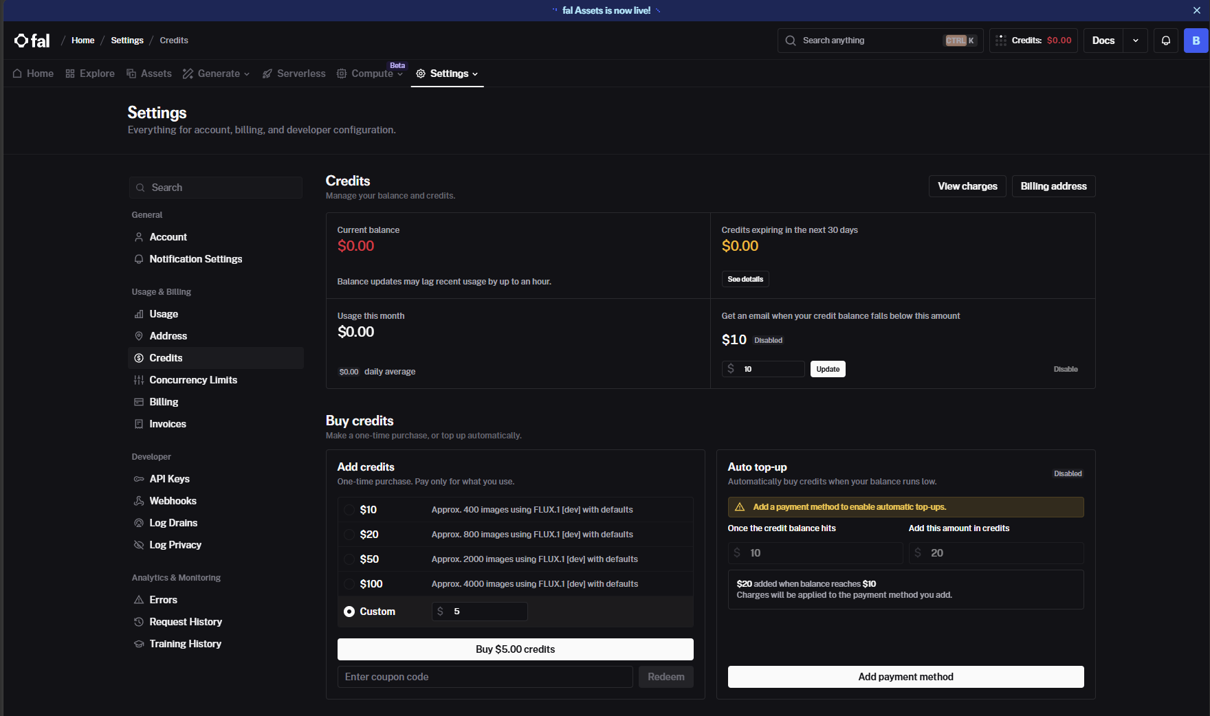 fal.ai credits page
