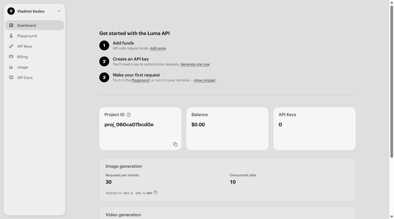 Luma API Console dashboard — shows your balance, API keys count, and rate limits