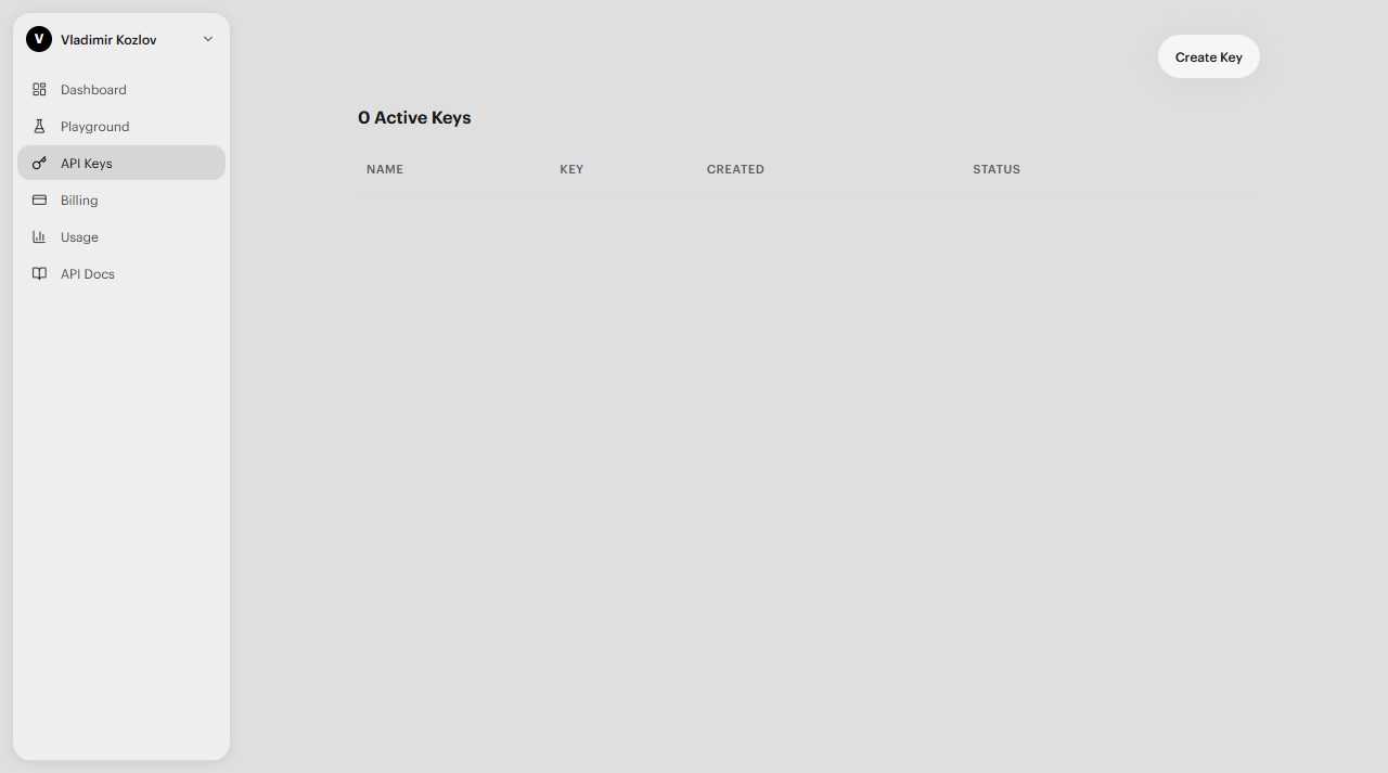 API Keys page — shows your existing keys and a Create Key button