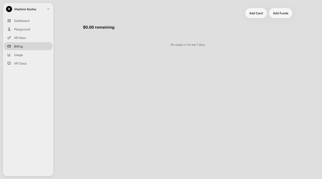Billing page — shows your balance and Add Card / Add Funds buttons