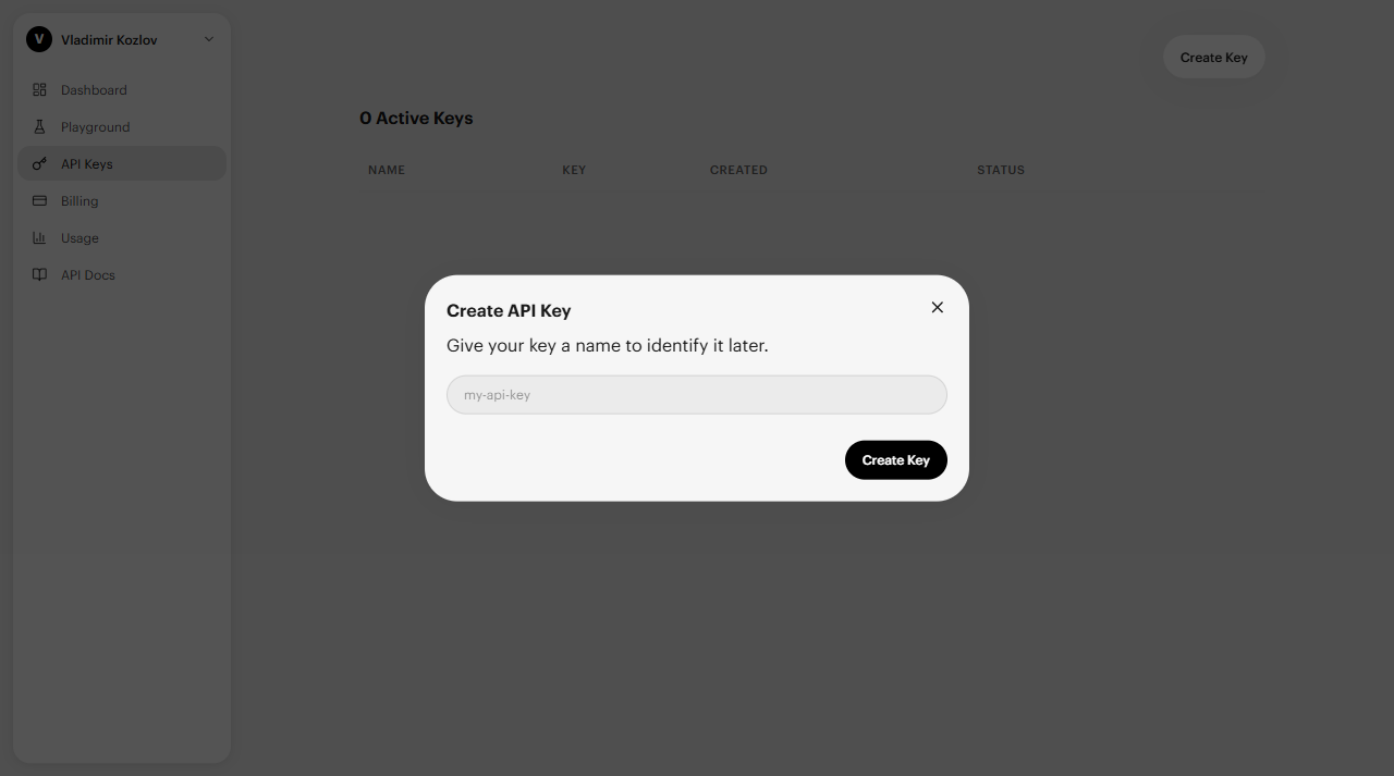 Create API Key dialog — enter a name and click Create Key